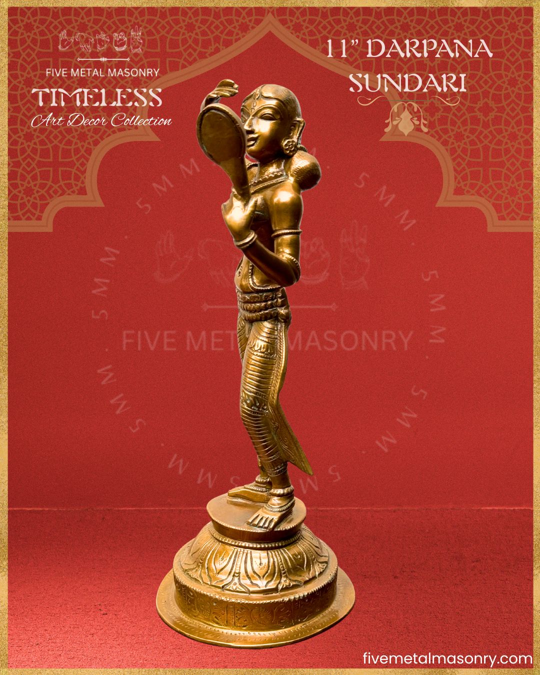 Apsara-Lady with mirror Panchaloha Bronze statue – Timeless Collection - Iconography per Shilpa Sastra, Handcrafted lost wax casting – Left facing view