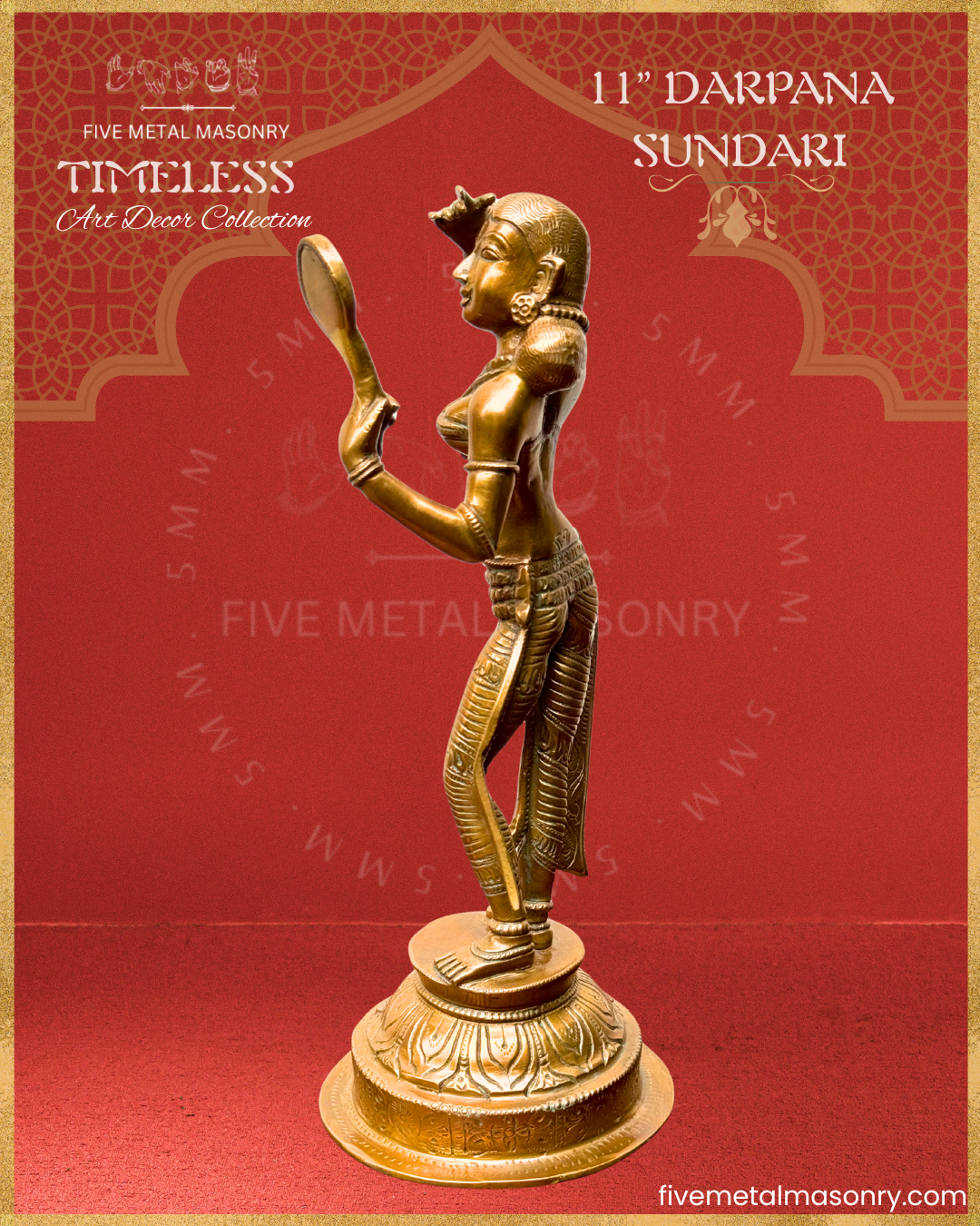 Apsara-Lady with mirror Panchaloha Bronze statue – Timeless Collection - Iconography per Shilpa Sastra, Handcrafted lost wax casting – left facing view