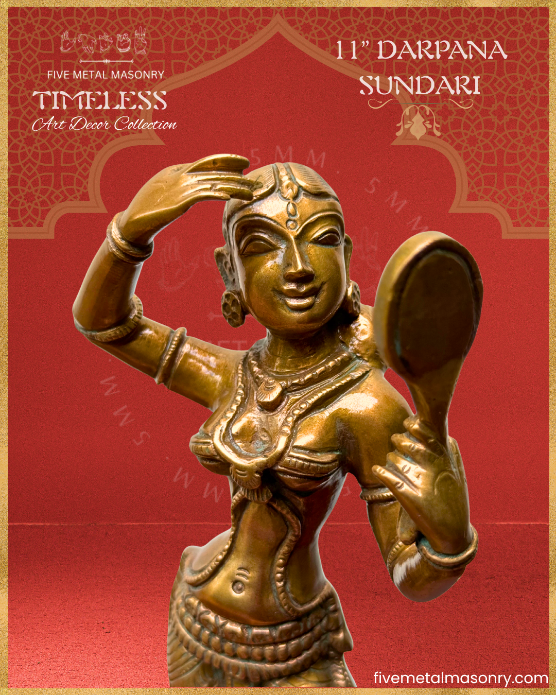 Apsara-Lady with mirror Panchaloha Bronze statue – Timeless Collection - Iconography per Shilpa Sastra, Handcrafted lost wax casting – closeup view