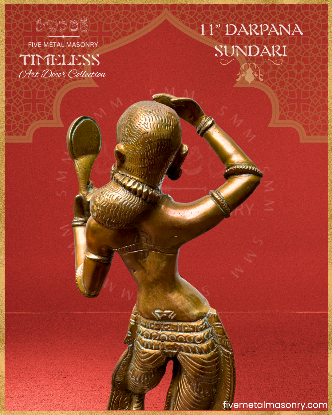 Apsara-Lady with mirror Panchaloha Bronze statue – Timeless Collection - Iconography per Shilpa Sastra, Handcrafted lost wax casting – rear closeup view