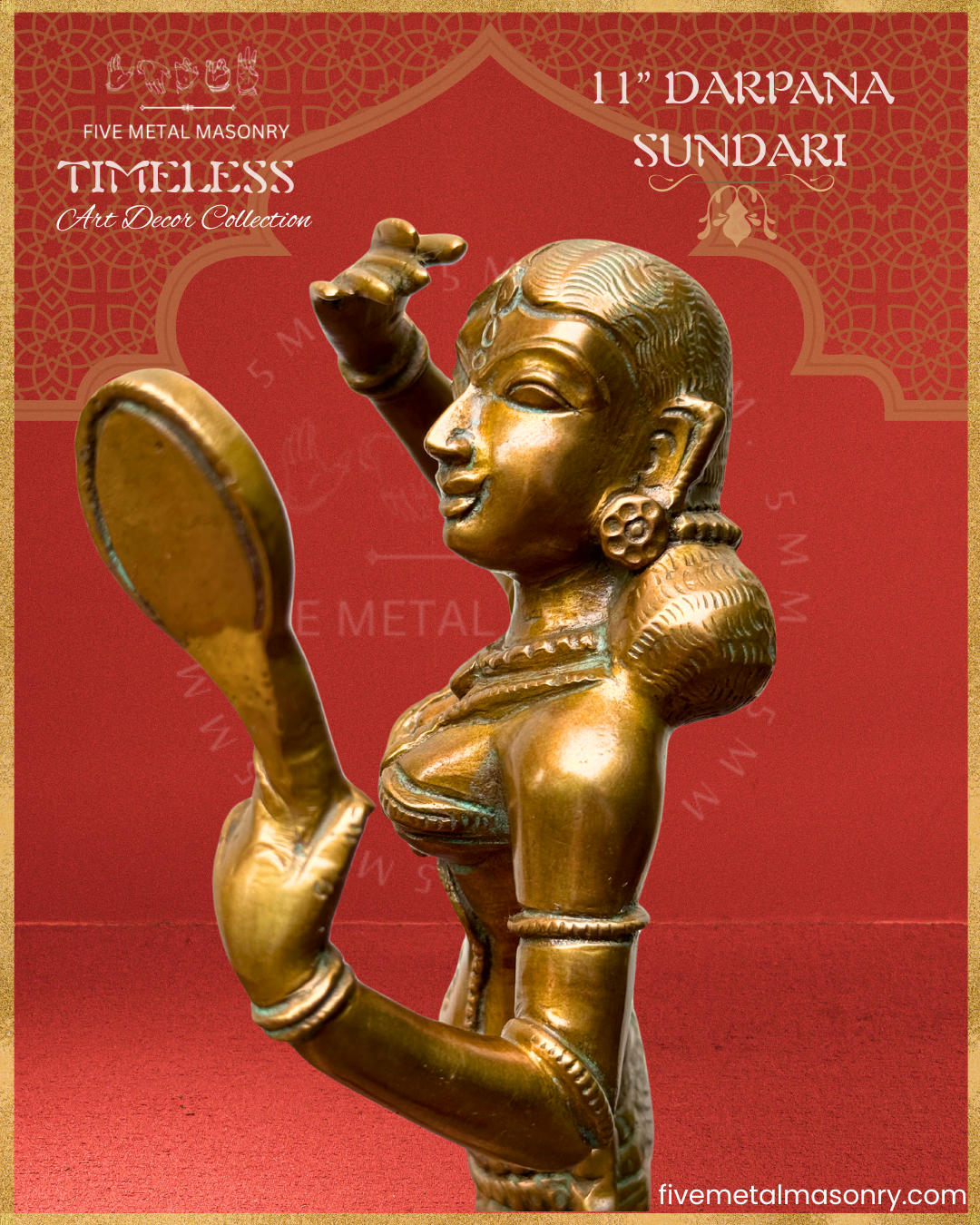 Apsara-Lady with mirror Panchaloha Bronze statue – Timeless Collection - Iconography per Shilpa Sastra, Handcrafted lost wax casting – side closeup view