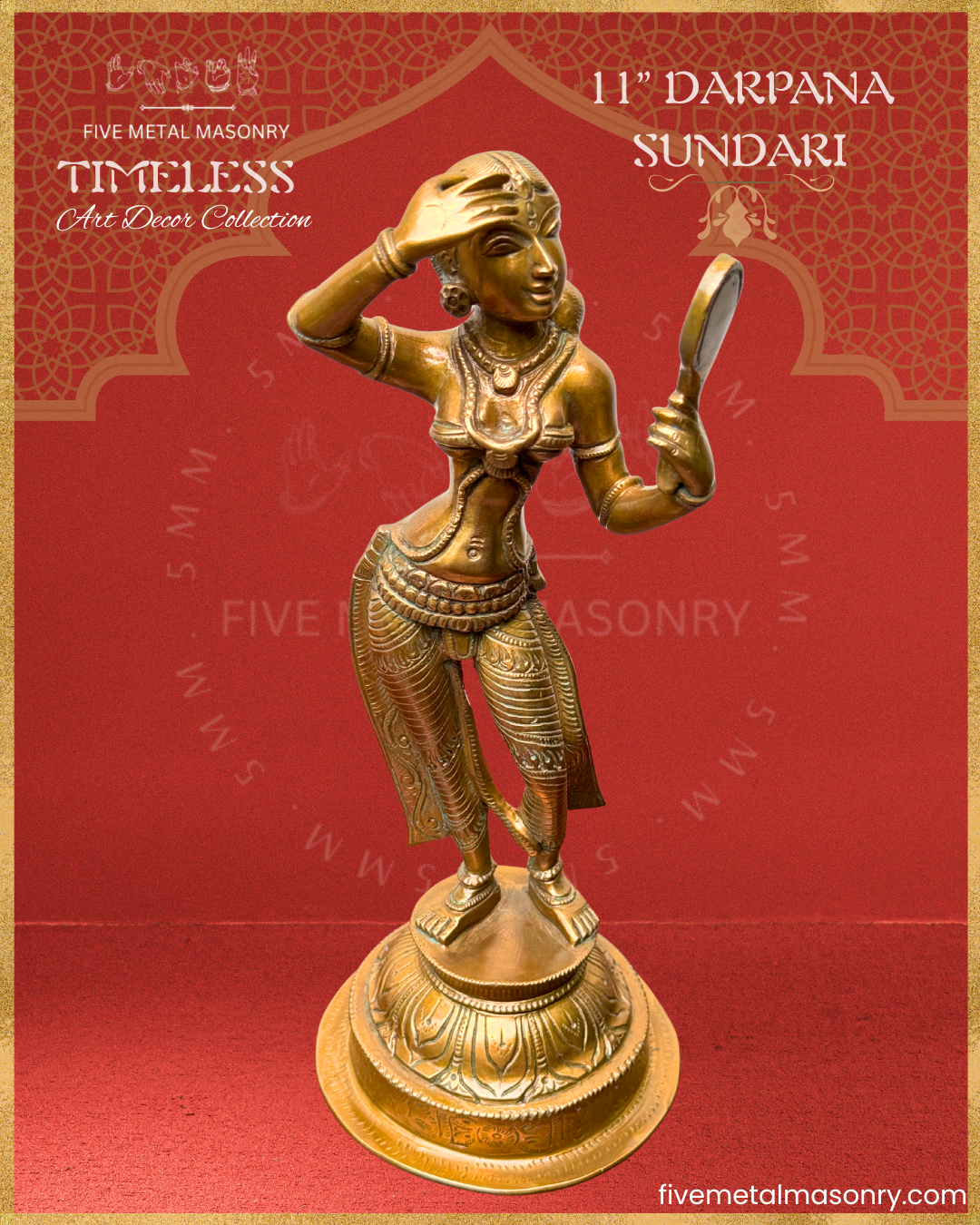 Apsara-Lady with mirror Panchaloha Bronze statue – Timeless Collection - Iconography per Shilpa Sastra, Handcrafted lost wax casting – Top angle view