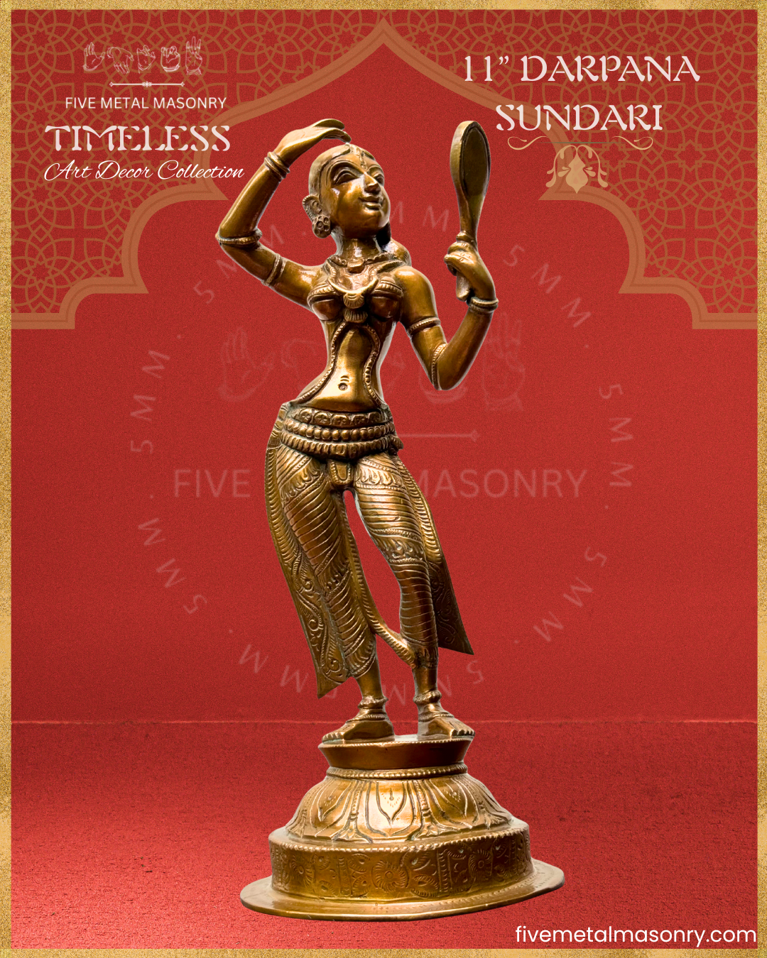 Apsara-Lady with mirror Panchaloha Bronze statue – Timeless Collection - Iconography per Shilpa Sastra, Handcrafted lost wax casting – Bottom up angle view