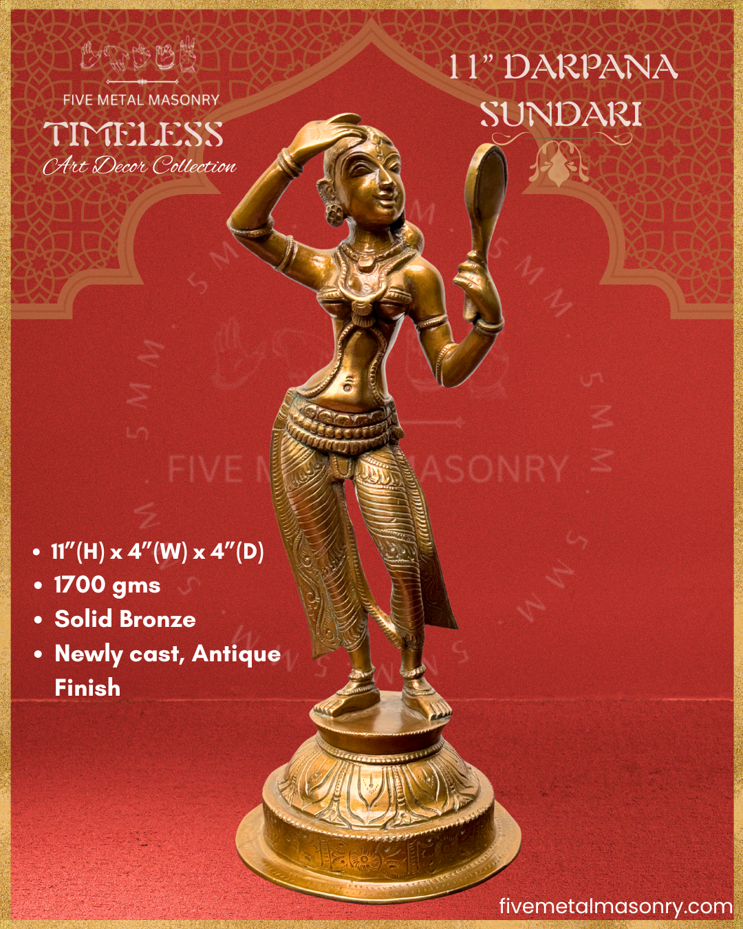 Apsara-Lady with mirror Panchaloha Bronze statue – Timeless Collection - Iconography per Shilpa Sastra, Handcrafted lost wax casting – Dimensions