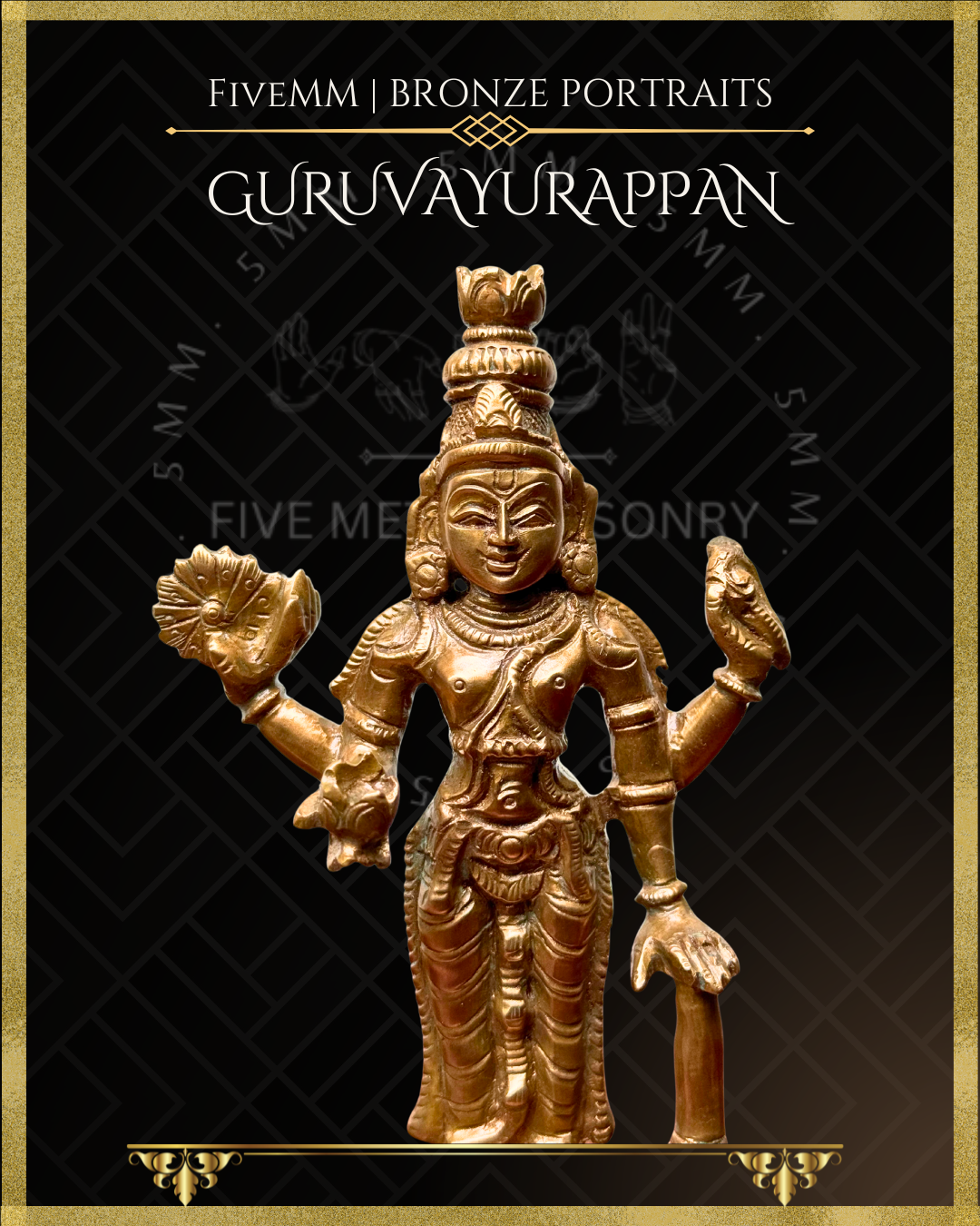 Guruvayurappan Panchaloha Bronze statue – per Shilpa Sastra iconography, handcrafted by lost wax casting – Closeup view