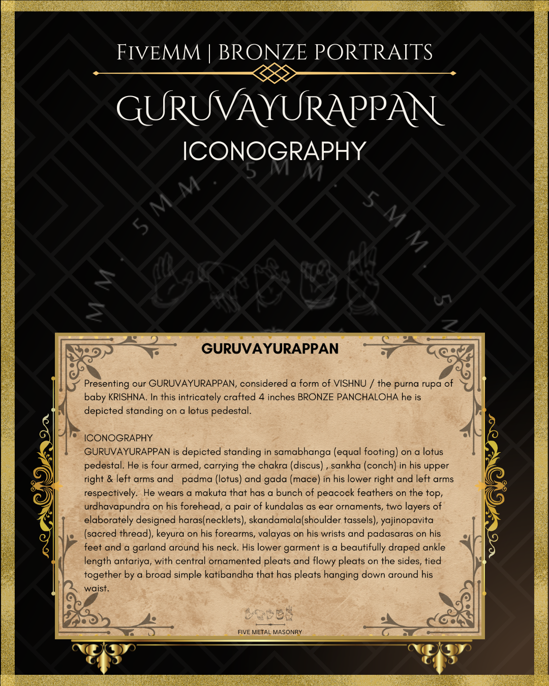 Guruvayurappan Panchaloha Bronze statue – per Shilpa Sastra iconography, handcrafted by lost wax casting – Iconographic description