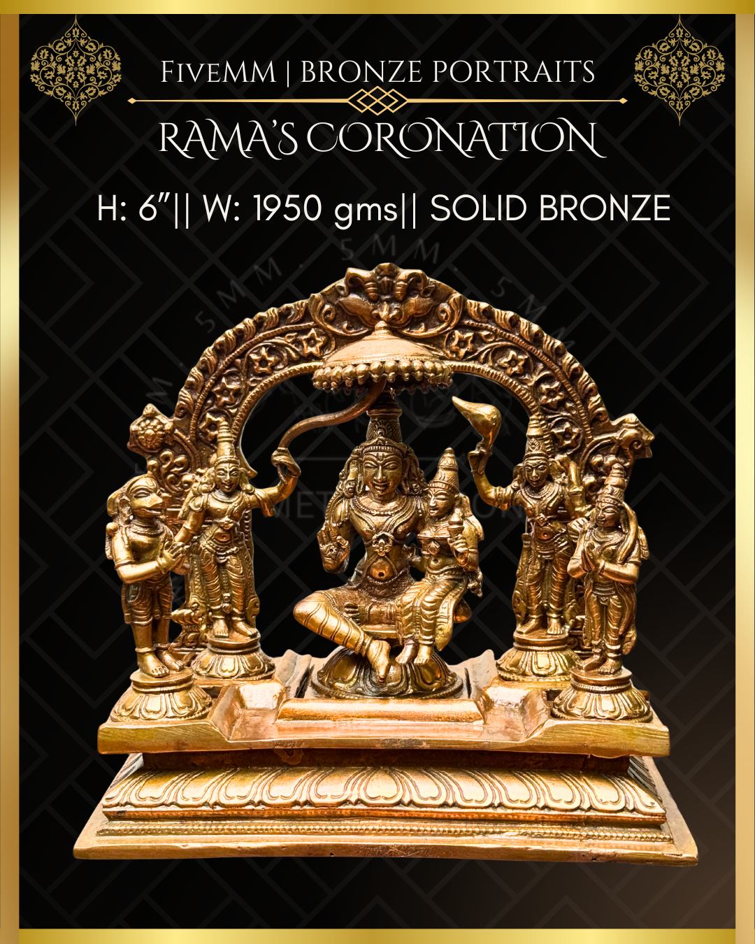 Rama Pattabishekam (Coronation) Panchaloha Bronze statue – per Shilpa Sastra iconography, handcrafted by lost wax casting – Dimensions view