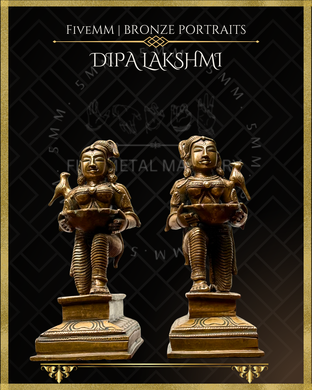 Set of Dipalakshmi / Paavai Vilakku Panchaloha Bronze statue – per Shilpa Sastra iconography, handcrafted by lost wax casting – Projection view