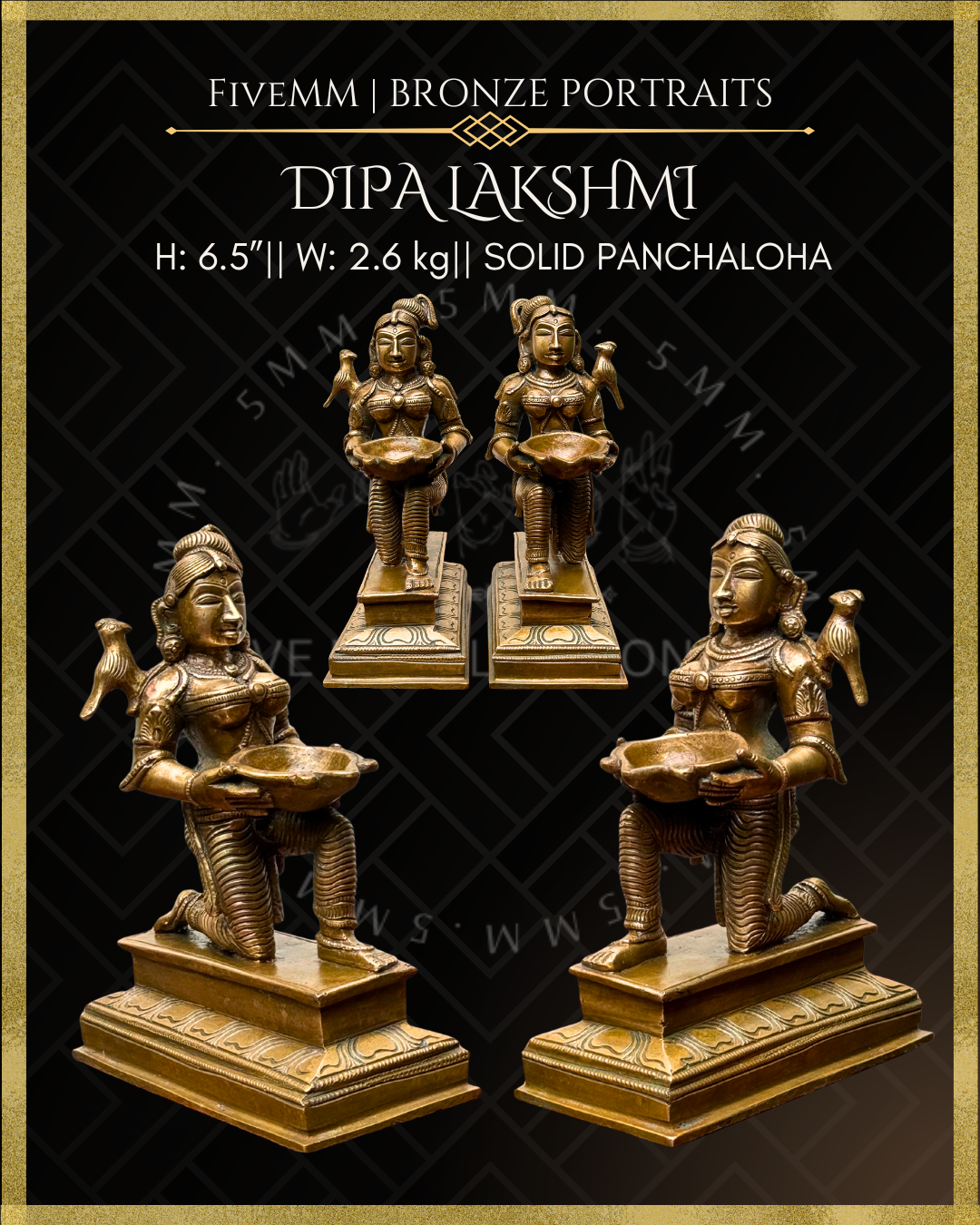 Set of Dipalakshmi / Paavai Vilakku Panchaloha Bronze statue – per Shilpa Sastra iconography, handcrafted by lost wax casting – All angles view