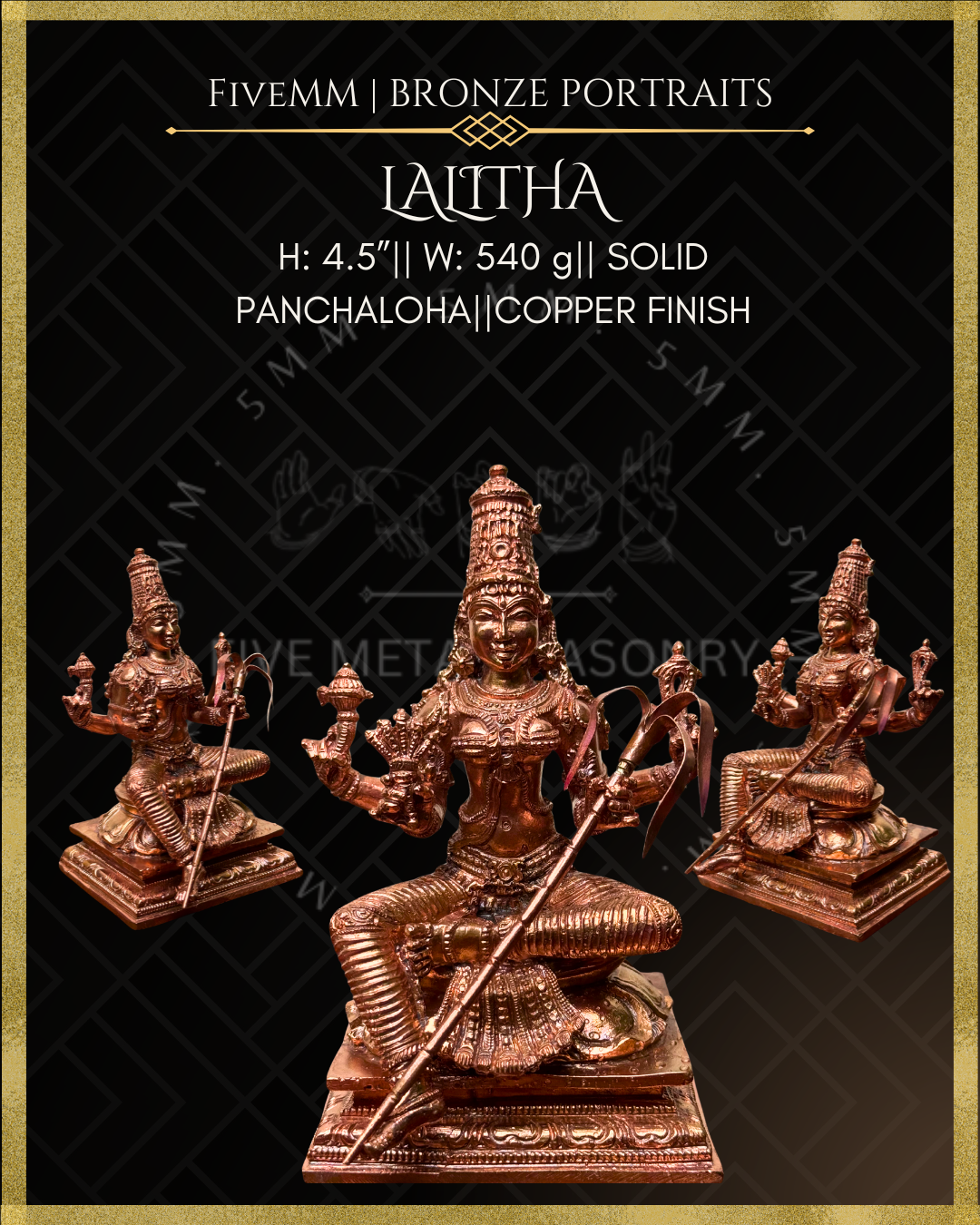 Lalita Tripurasundari Panchaloha Bronze statue – per Shilpa Sastra iconography, handcrafted by lost wax casting – All angle view