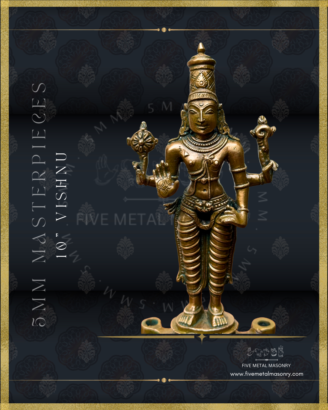 Vishnu Panchaloha Bronze statue -  Masterpieces Collection - Iconography per Shilpa Sastra, handcrafted lost wax casting – Closeup view