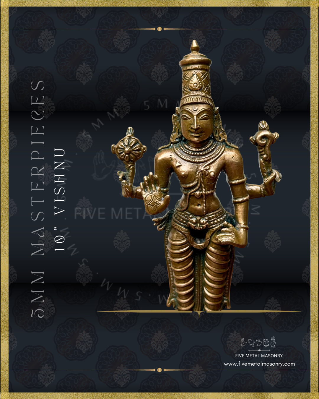 Vishnu Panchaloha Bronze statue -  Masterpieces Collection - Iconography per Shilpa Sastra, handcrafted lost wax casting – Closeup view