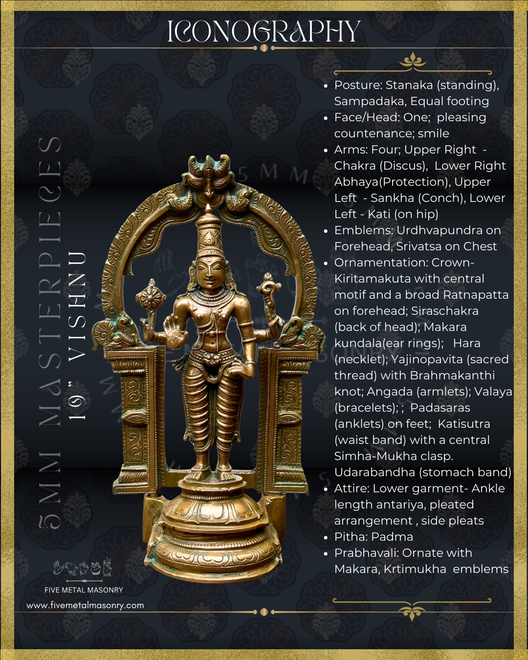 Vishnu Panchaloha Bronze statue -  Masterpieces Collection - Iconography per Shilpa Sastra, handcrafted lost wax casting – Iconographic description