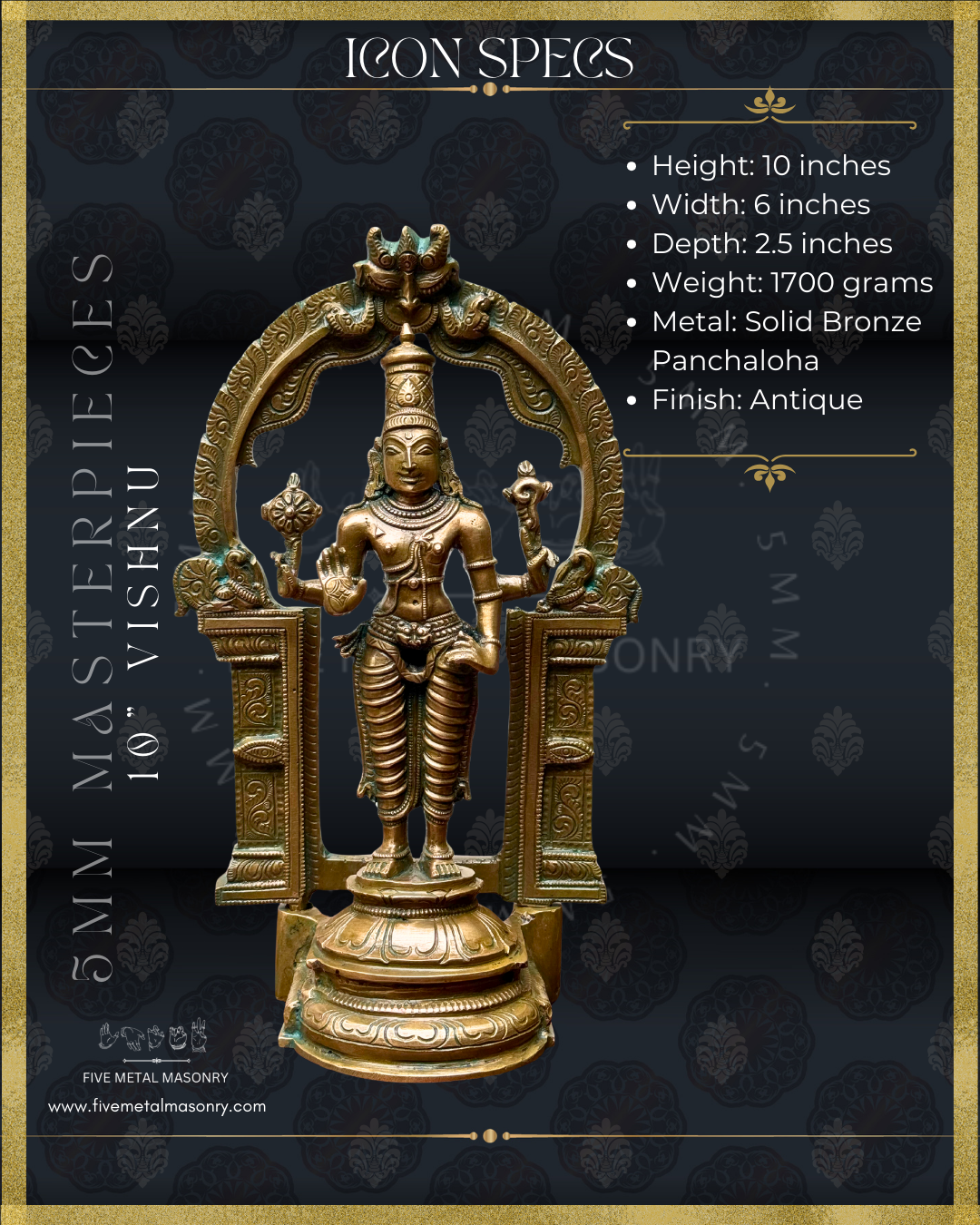Vishnu Panchaloha Bronze statue -  Masterpieces Collection - Iconography per Shilpa Sastra, handcrafted lost wax casting – Specifications