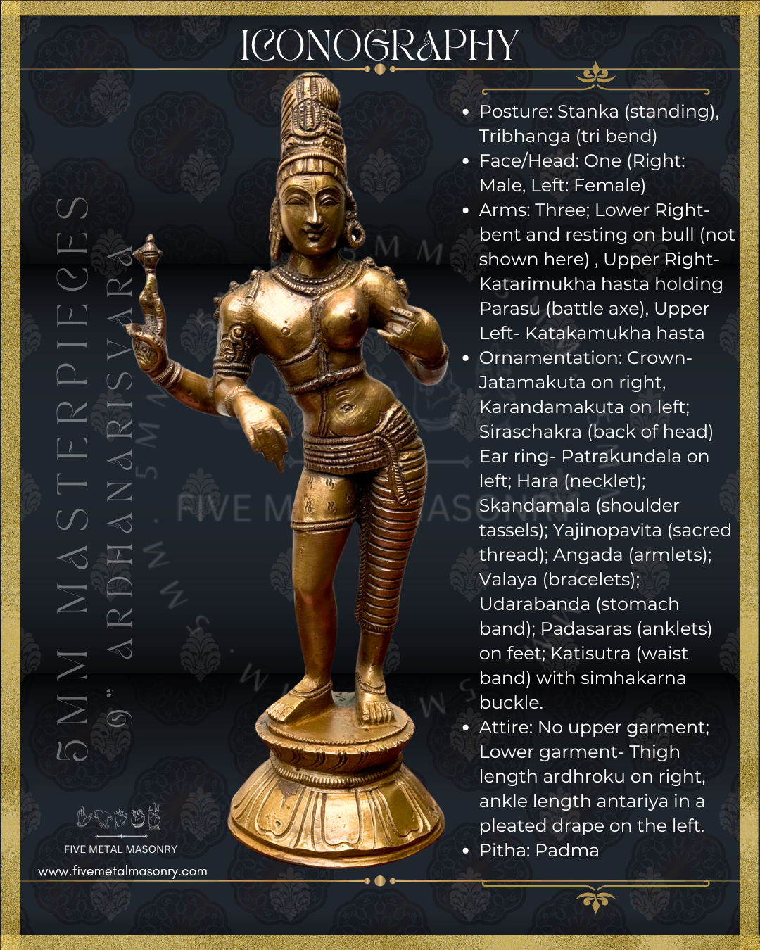 Bronze statue of Ardhanarisvara with detailed iconography on a dark background