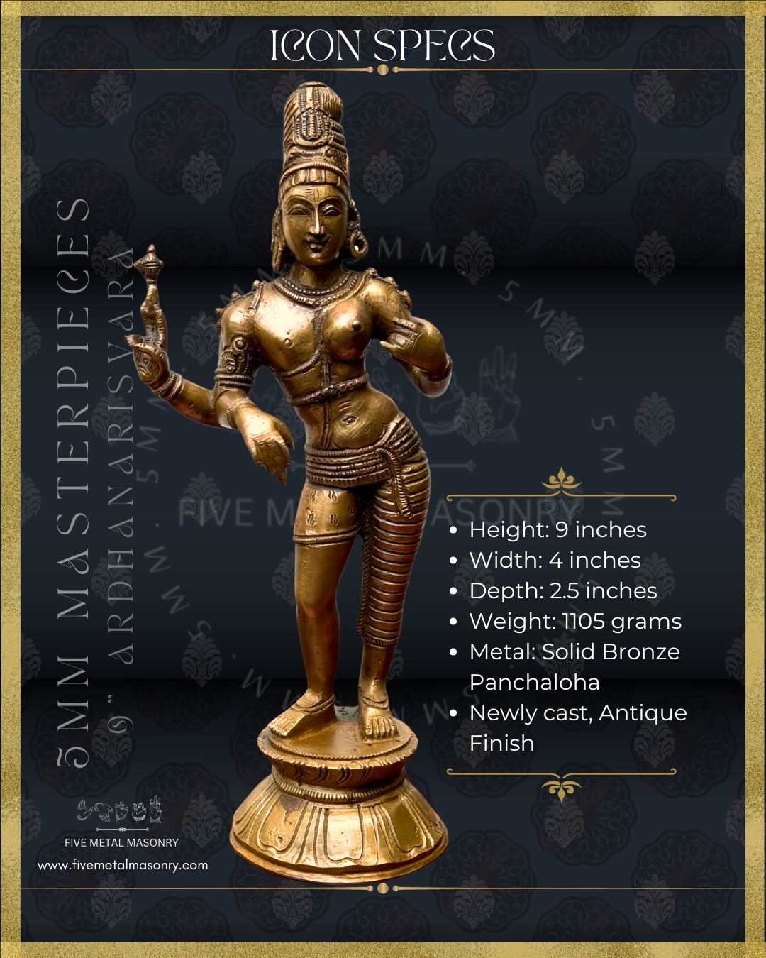 Bronze statue of Ardhanarisvara with detailed features on a dark background, featuring product specifications.