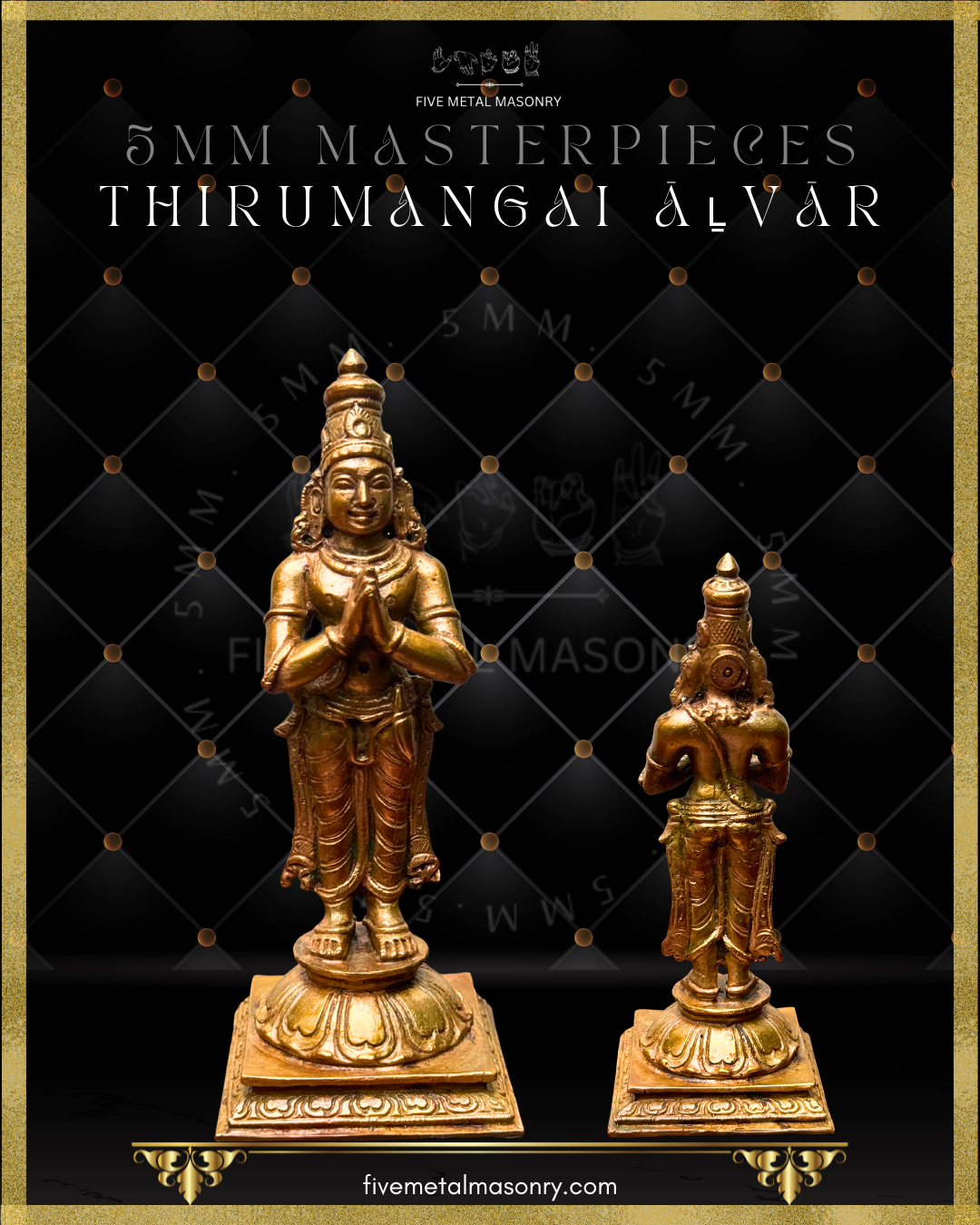Front and rear view of Thirumangai Alvar panchaloha bronze icon from the 12 Alvars Masterpieces collection, showing devotional posture, ornamentation, and pedestal detailing.