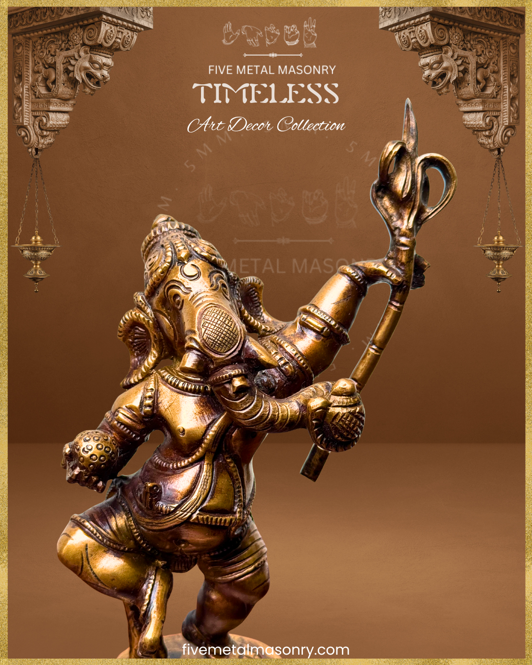 Ganesha Dancing Panchaloha Bronze statue – Timeless Collection - Iconography per Shilpa Sastra, Handcrafted lost wax casting – Close up view