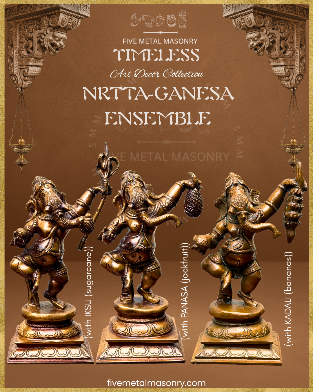 Ganesha Dancing  Set Panchaloha Bronze statue – Timeless Collection - Iconography per Shilpa Sastra, Handcrafted lost wax casting – Front view