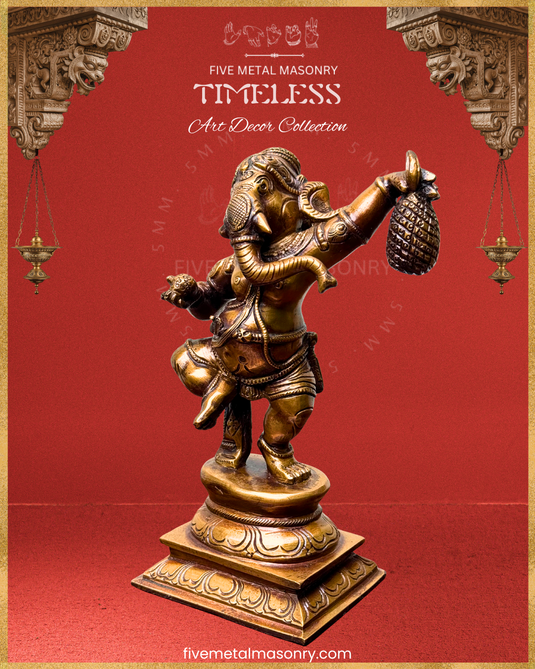 Ganesha Dancing Panchaloha Bronze statue – Timeless Collection - Iconography per Shilpa Sastra, Handcrafted lost wax casting – left facing view