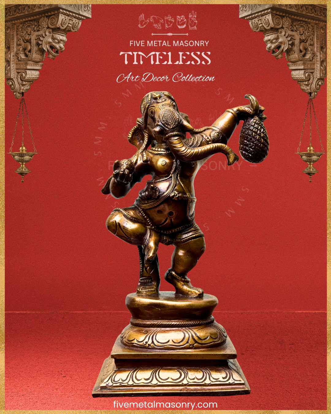 Ganesha Dancing Panchaloha Bronze statue – Timeless Collection - Iconography per Shilpa Sastra, Handcrafted lost wax casting – bottom projection view