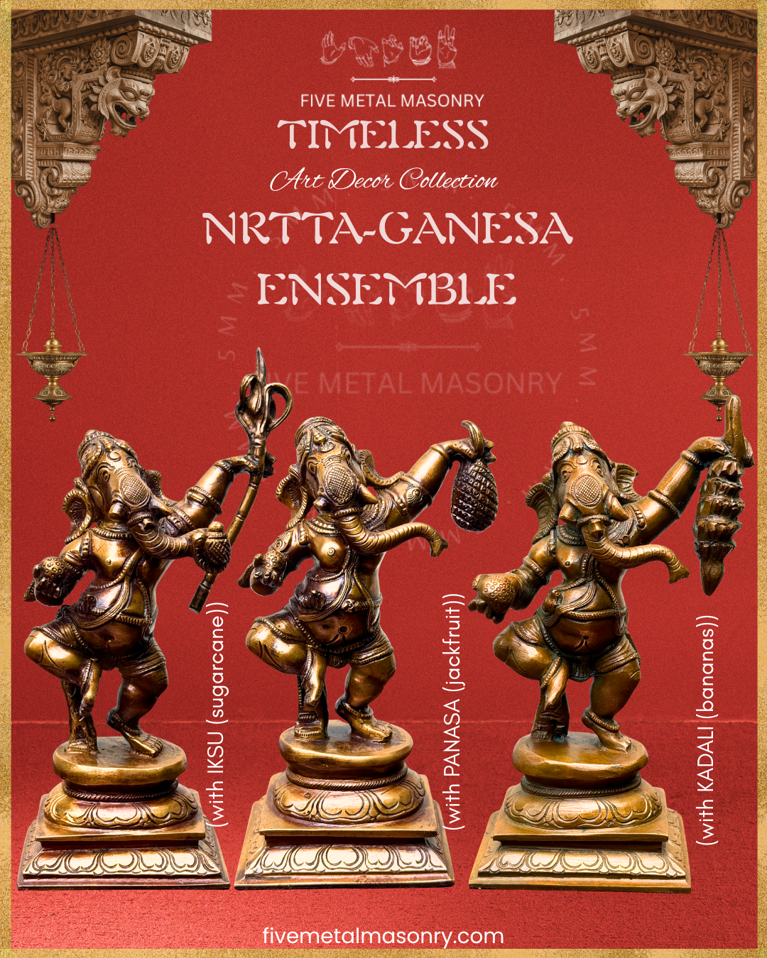 Ganesha Dancing Set Panchaloha Bronze statue – Timeless Collection - Iconography per Shilpa Sastra, Handcrafted lost wax casting – Front view