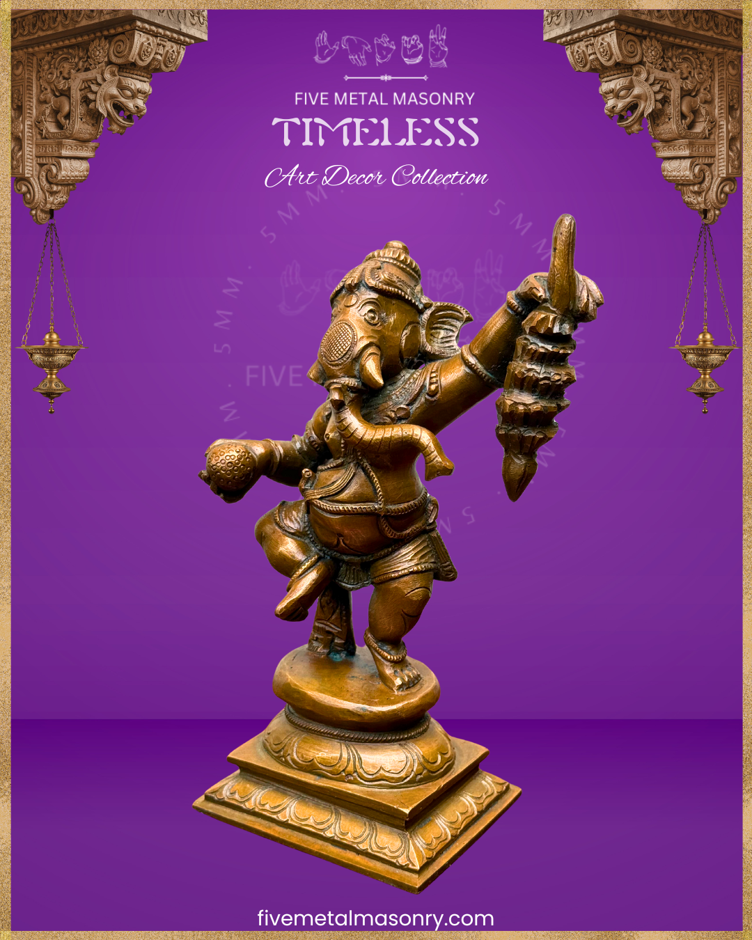 Ganesha Dancing Panchaloha Bronze statue – Timeless Collection - Iconography per Shilpa Sastra, Handcrafted lost wax casting – left facing view