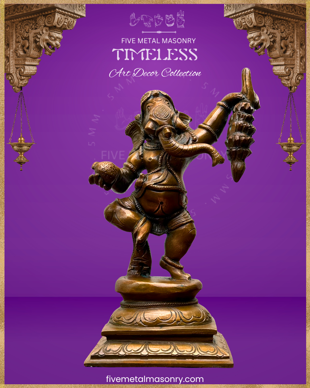 Ganesha Dancing Panchaloha Bronze statue – Timeless Collection - Iconography per Shilpa Sastra, Handcrafted lost wax casting – bottom projection view