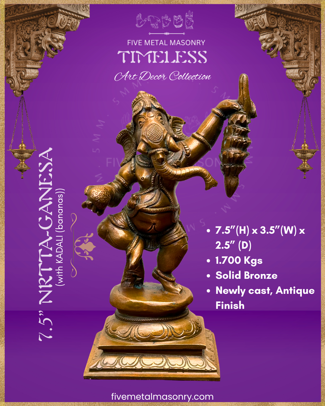 Ganesha Dancing Panchaloha Bronze statue – Timeless Collection - Iconography per Shilpa Sastra, Handcrafted lost wax casting – specifications