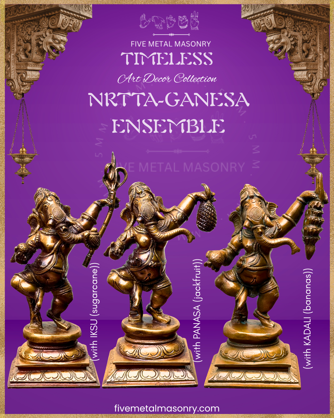 Ganesha Dancing set Panchaloha Bronze statue – Timeless Collection - Iconography per Shilpa Sastra, Handcrafted lost wax casting – Front view