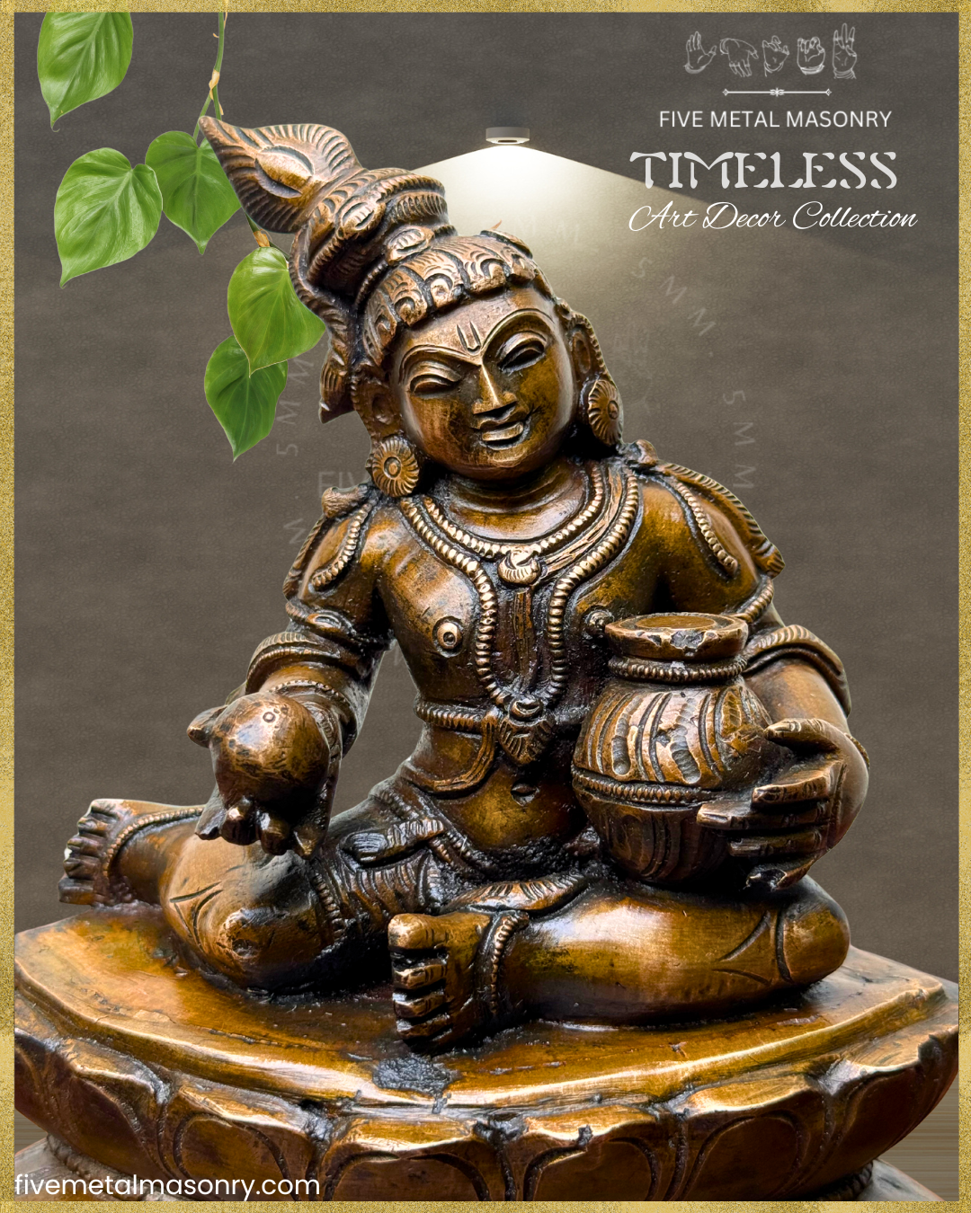 Krishna with butter-Panchaloha Bronze statue – Timeless Collection - Iconography per Shilpa Sastra, Handcrafted lost wax casting – Front closeup view