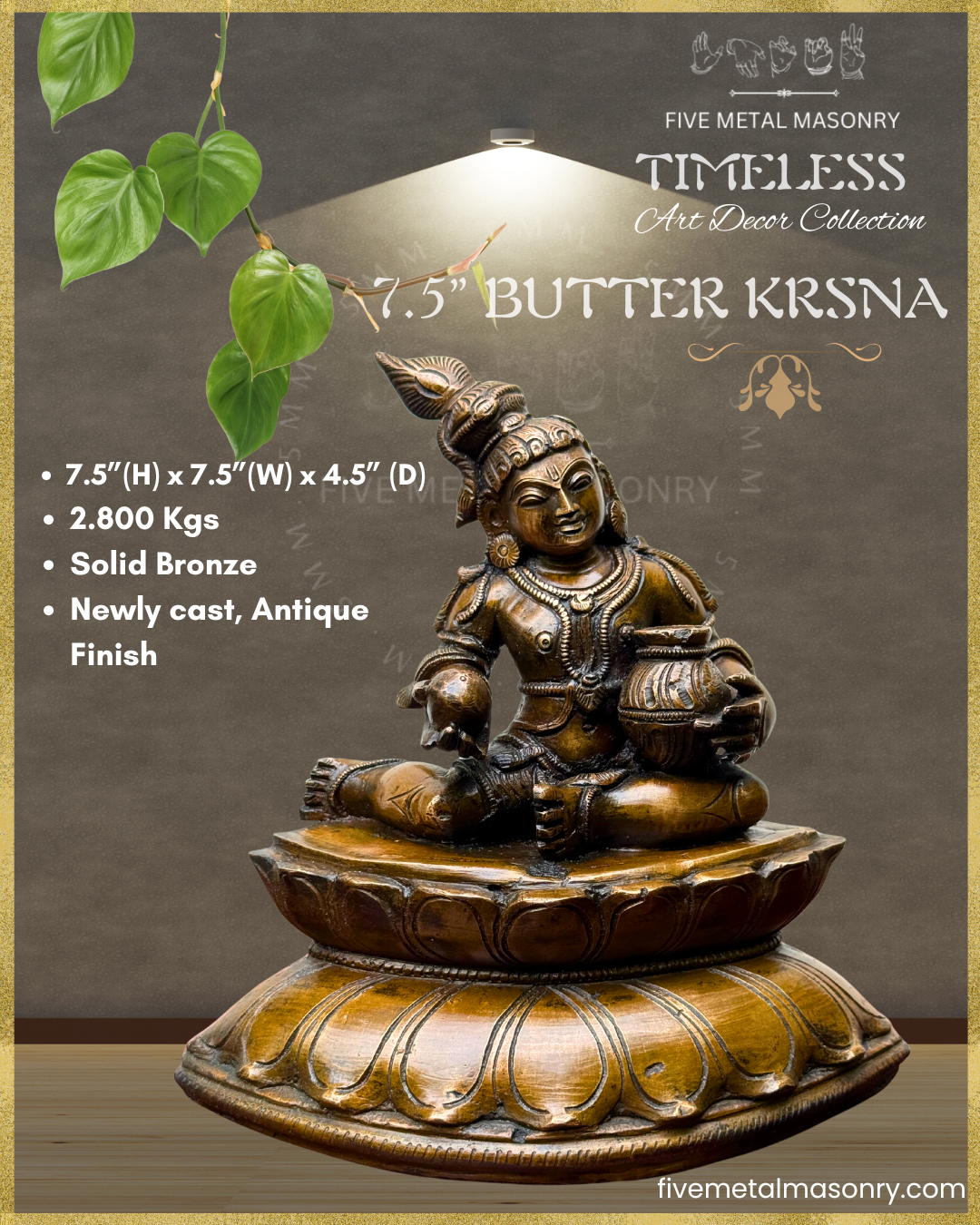 Krishna with butter-Panchaloha Bronze statue – Timeless Collection - Iconography per Shilpa Sastra, Handcrafted lost wax casting – Specifications