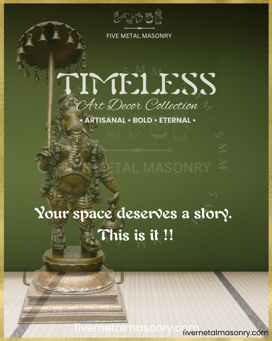Timeless Art Decor Collection by Five Metal Masonry featuring an antique finish Panchaloha bronze Ganesa with ceremonial umbrella and kamandalu, showcasing bold South Indian sculptural craftsmanship and heirloom-inspired decor.