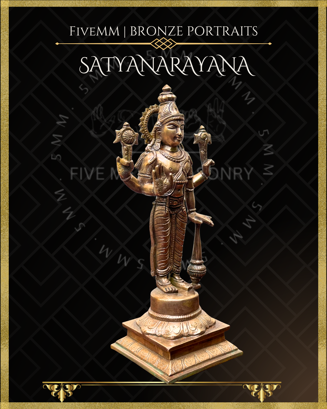 Satyanarayana Panchaloha Bronze statue – per Shilpa Sastra iconography, handcrafted by lost wax casting – Right facing view