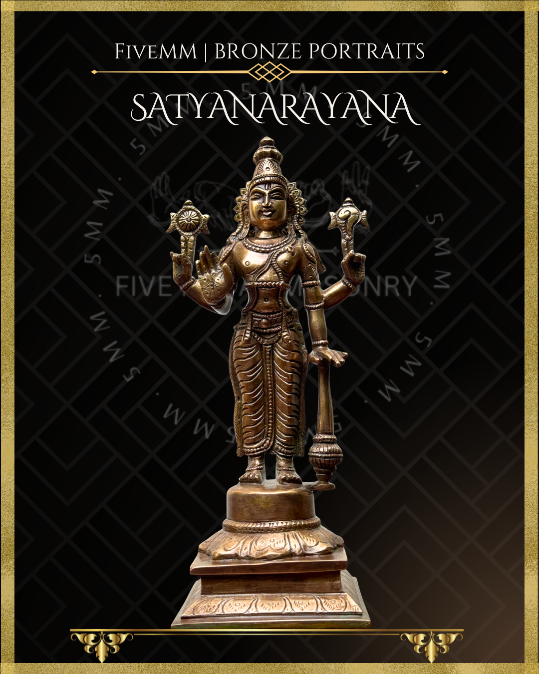 Satyanarayana Panchaloha Bronze statue – per Shilpa Sastra iconography, handcrafted by lost wax casting – Bottom up projected view