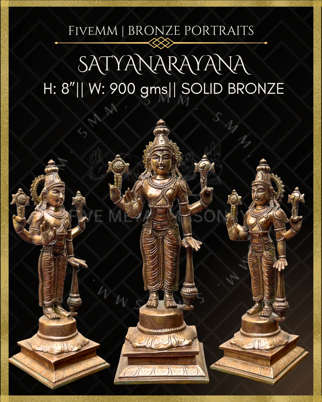Satyanarayana Panchaloha Bronze statue – per Shilpa Sastra iconography, handcrafted by lost wax casting – All angles view