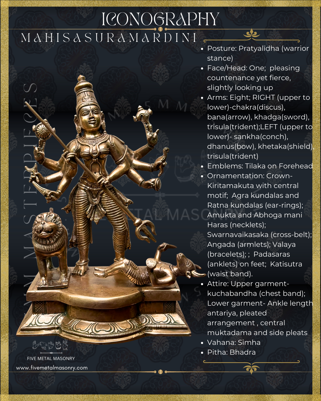 Mahisasuramardini Panchaloha Bronze statue -  Masterpieces Collection - Iconography per Shilpa Sastra, handcrafted lost wax casting – Iconographic description