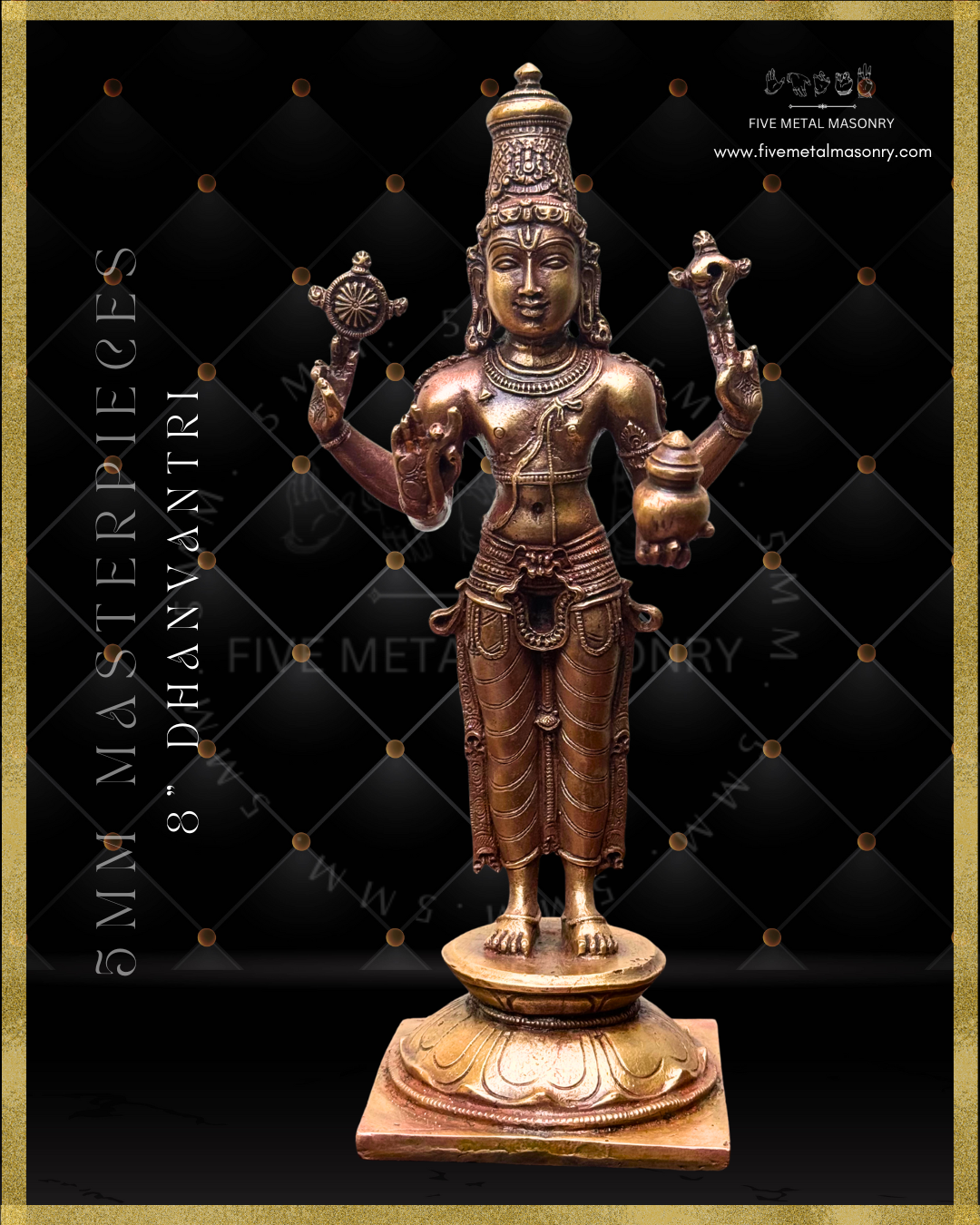 Dhanvantri Panchaloha bronze statue – Masterpieces collection. Shilpa Sastra iconography, handcrafted lost wax casting – Front view