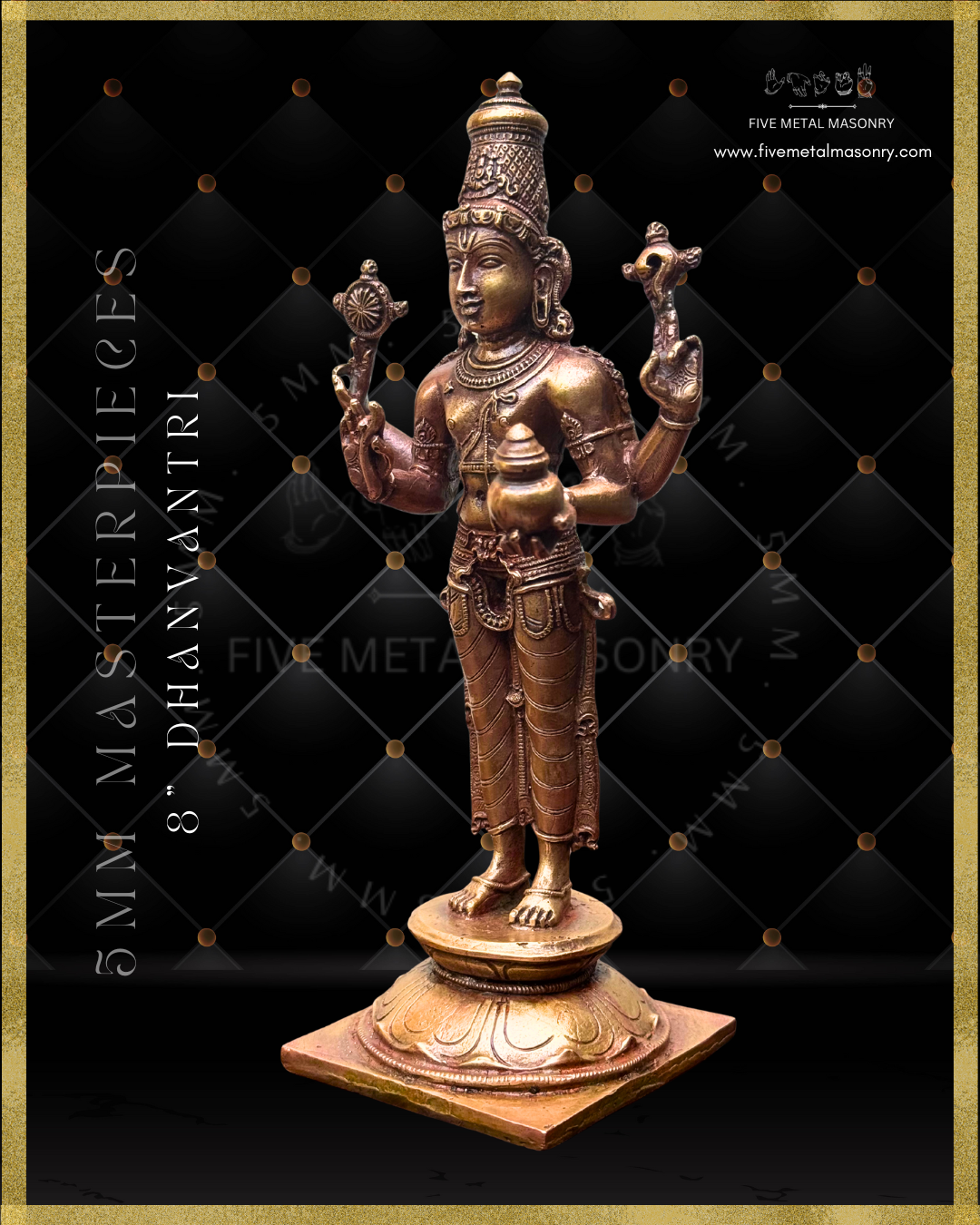 Dhanvantri Panchaloha bronze statue – Masterpieces collection. Shilpa Sastra iconography, handcrafted lost wax casting – Left facing view
