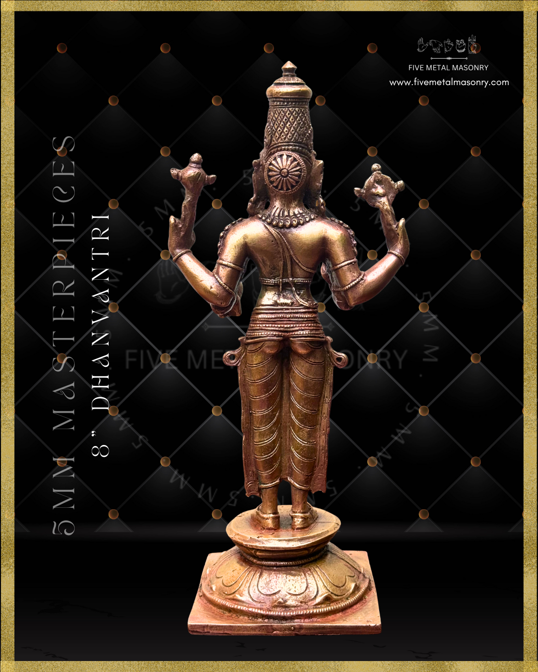 Dhanvantri Panchaloha bronze statue – Masterpieces collection. Shilpa Sastra iconography, handcrafted lost wax casting – Rear view