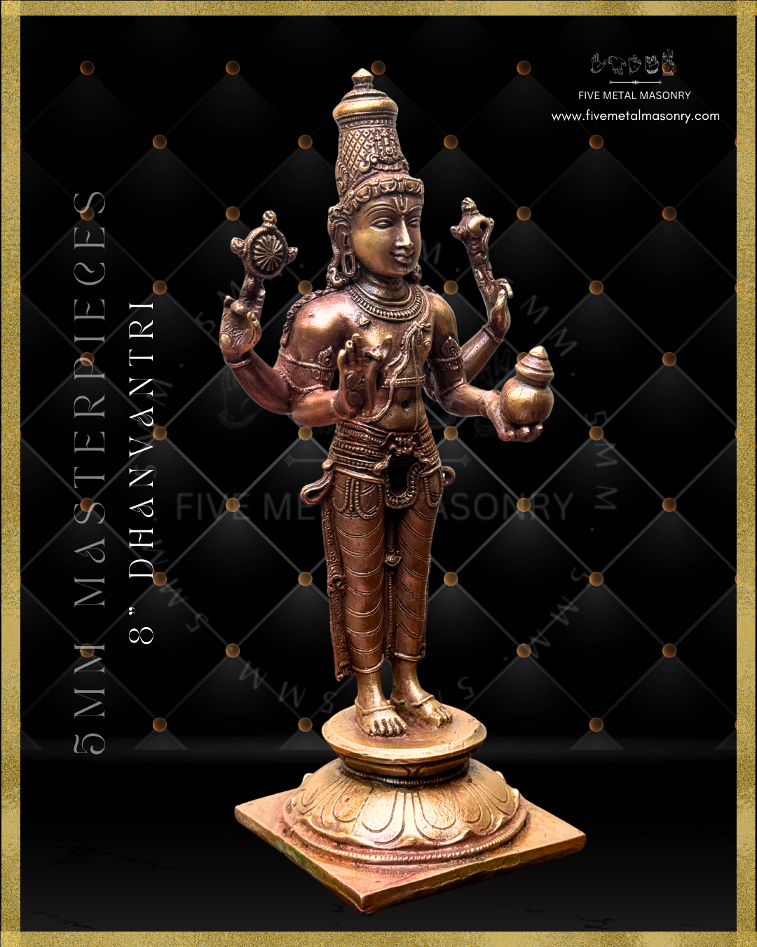 Dhanvantri Panchaloha bronze statue – Masterpieces collection. Shilpa Sastra iconography, handcrafted lost wax casting – Right facing view
