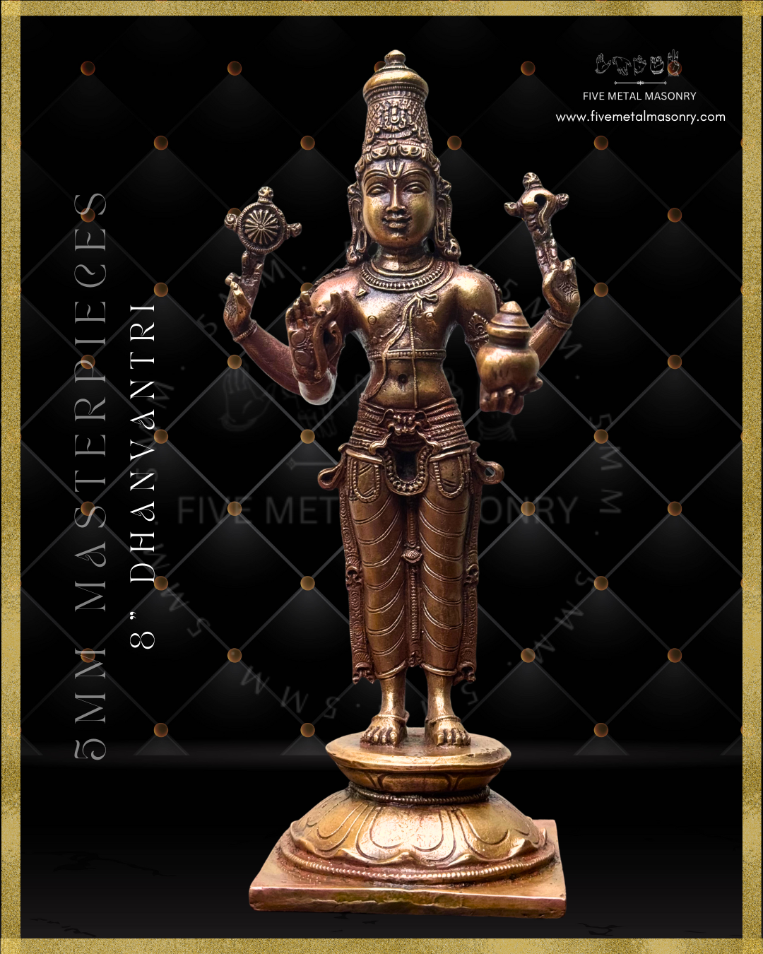Dhanvantri Panchaloha bronze statue – Masterpieces collection. Shilpa Sastra iconography, handcrafted lost wax casting – Bottom Projected view