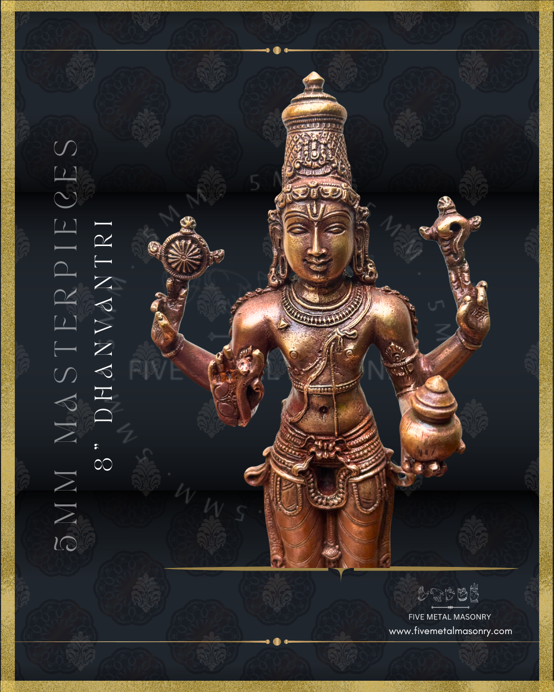 Dhanvantri Panchaloha bronze statue – Masterpieces collection. Shilpa Sastra iconography, handcrafted lost wax casting – Closeup view