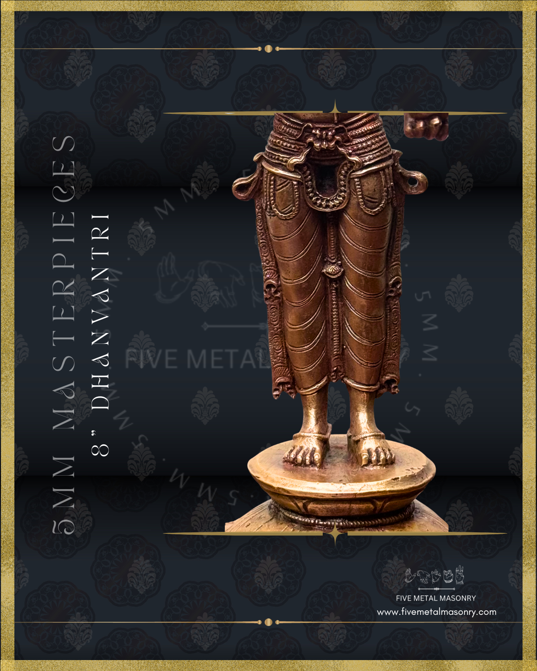 Dhanvantri Panchaloha bronze statue – Masterpieces collection. Shilpa Sastra iconography, handcrafted lost wax casting – Closeup lower body view