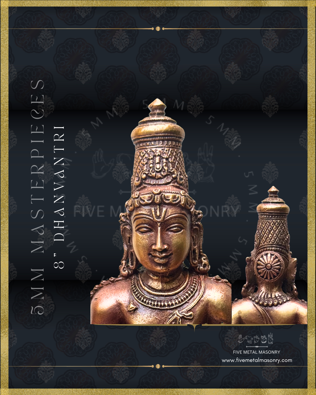 Dhanvantri Panchaloha bronze statue – Masterpieces collection. Shilpa Sastra iconography, handcrafted lost wax casting – Closeup facial view