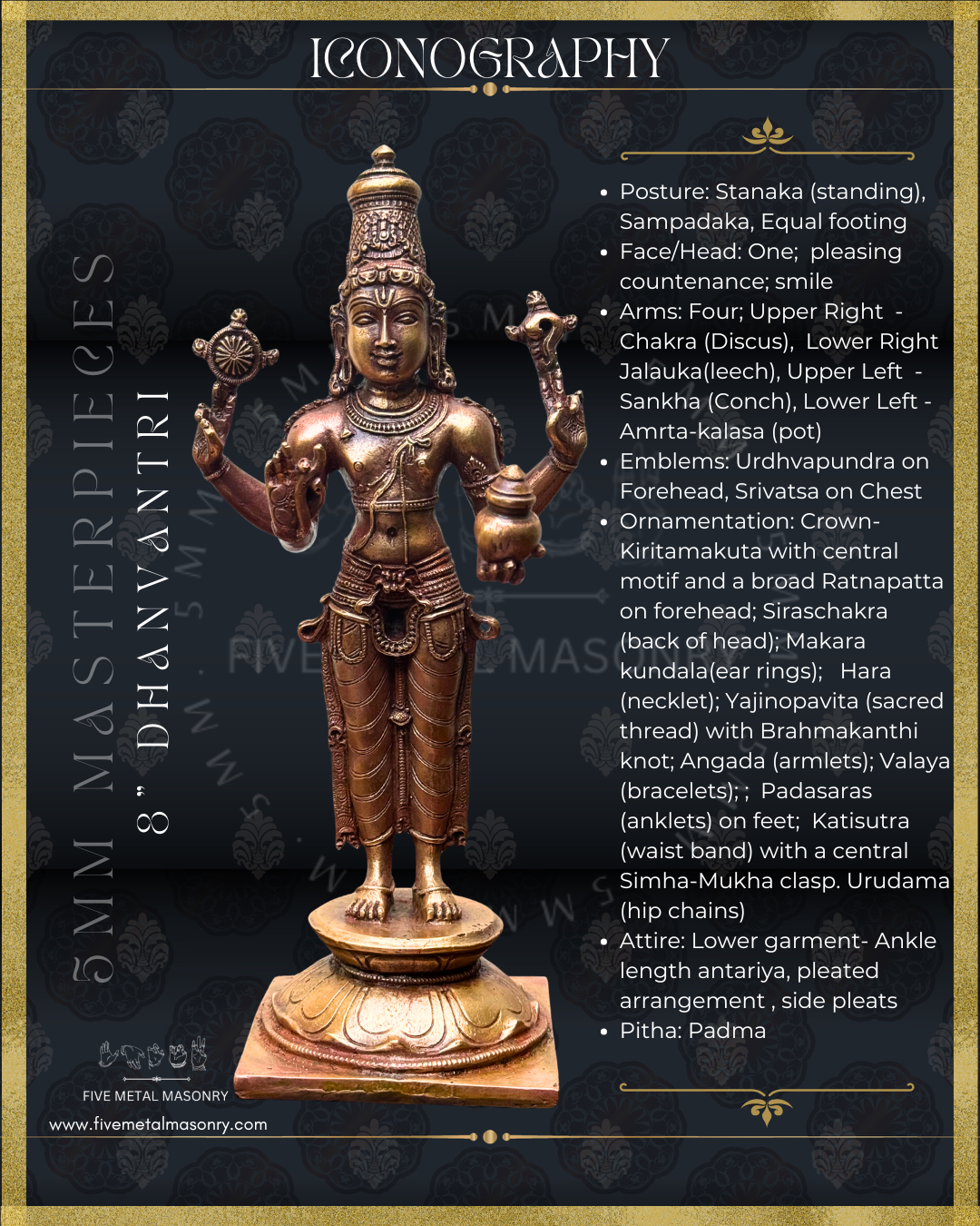 Dhanvantri Panchaloha bronze statue – Masterpieces collection. Shilpa Sastra iconography, handcrafted lost wax casting – Iconographic description