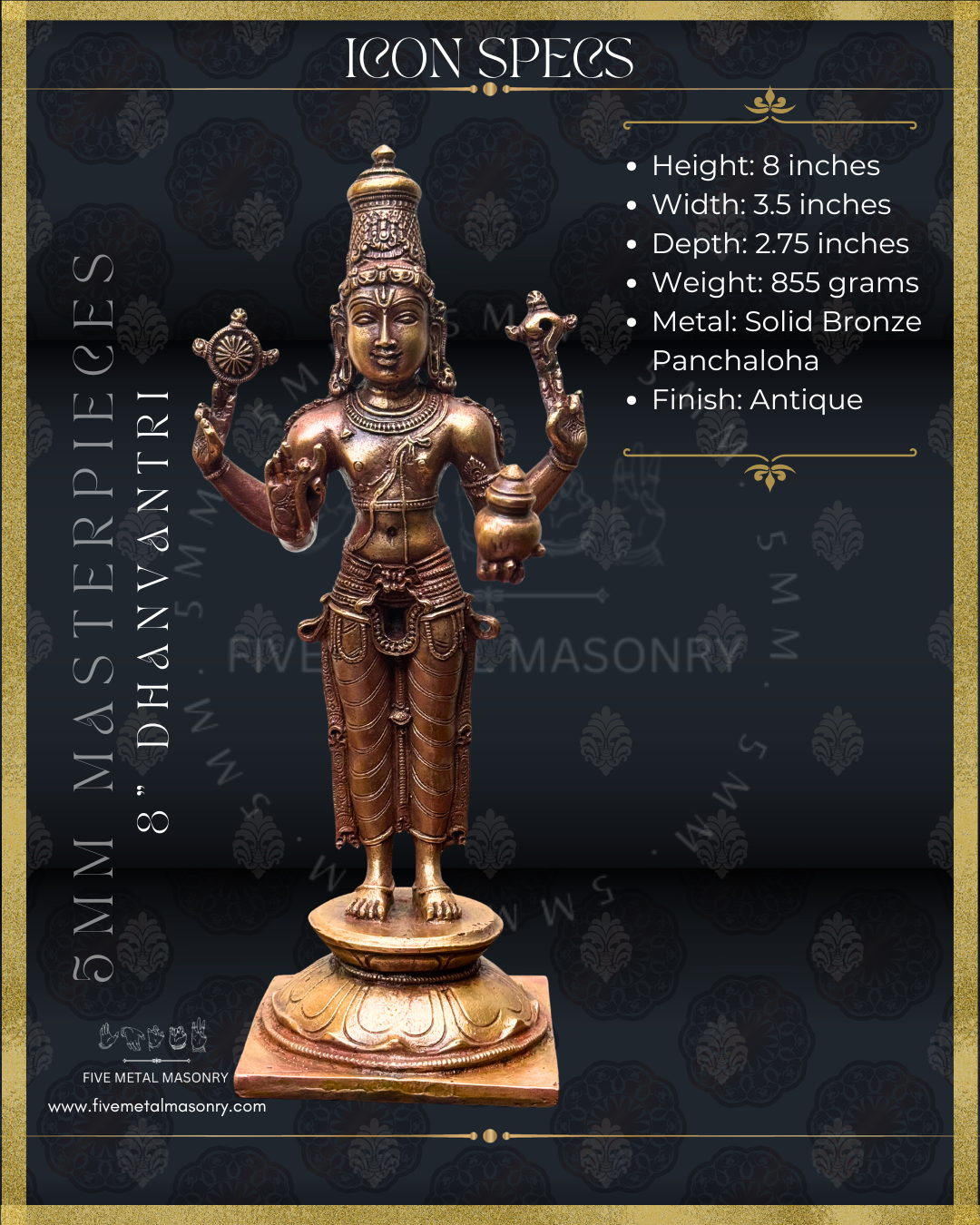 Dhanvantri Panchaloha bronze statue – Masterpieces collection. Shilpa Sastra iconography, handcrafted lost wax casting – specifications