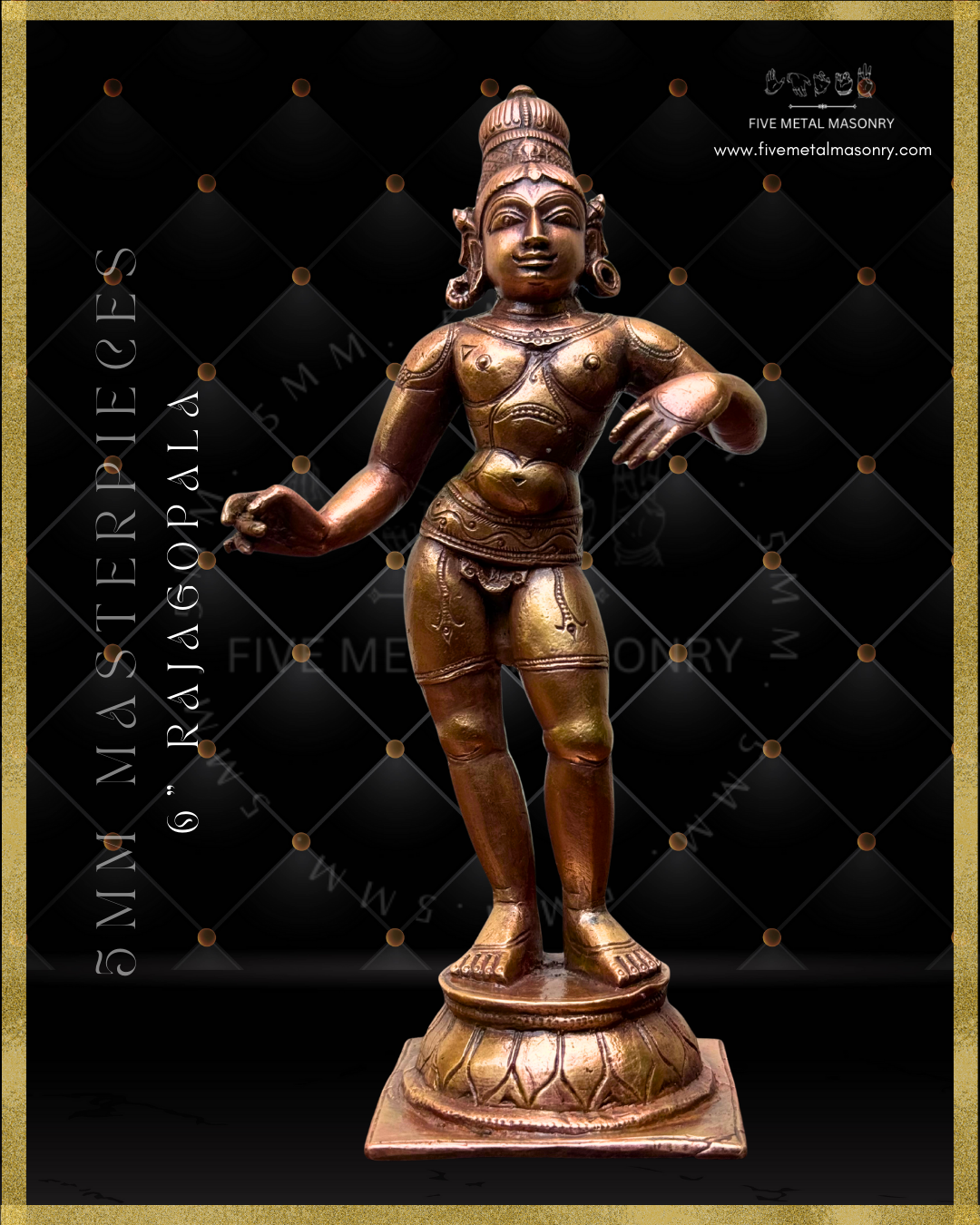 Rajagopala Panchaloha bronze statue – Masterpieces collection. Shilpa Sastra iconography, handcrafted lost wax casting – Bottom up projected view