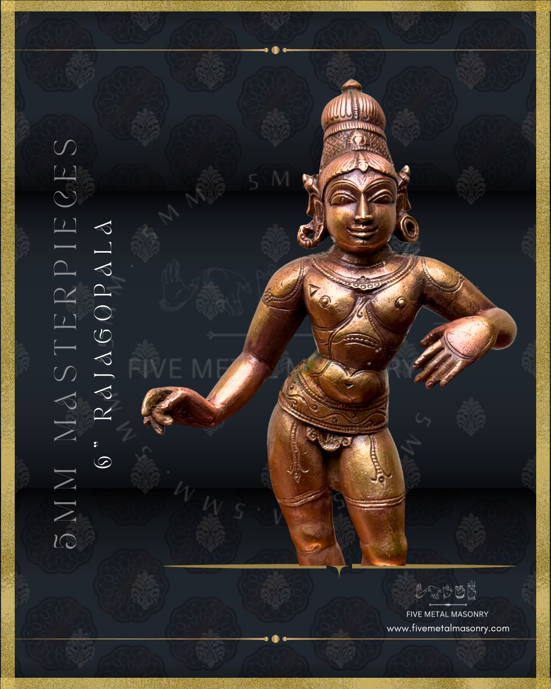 Rajagopala Panchaloha bronze statue – Masterpieces collection. Shilpa Sastra iconography, handcrafted lost wax casting – Closeup-Upper Part