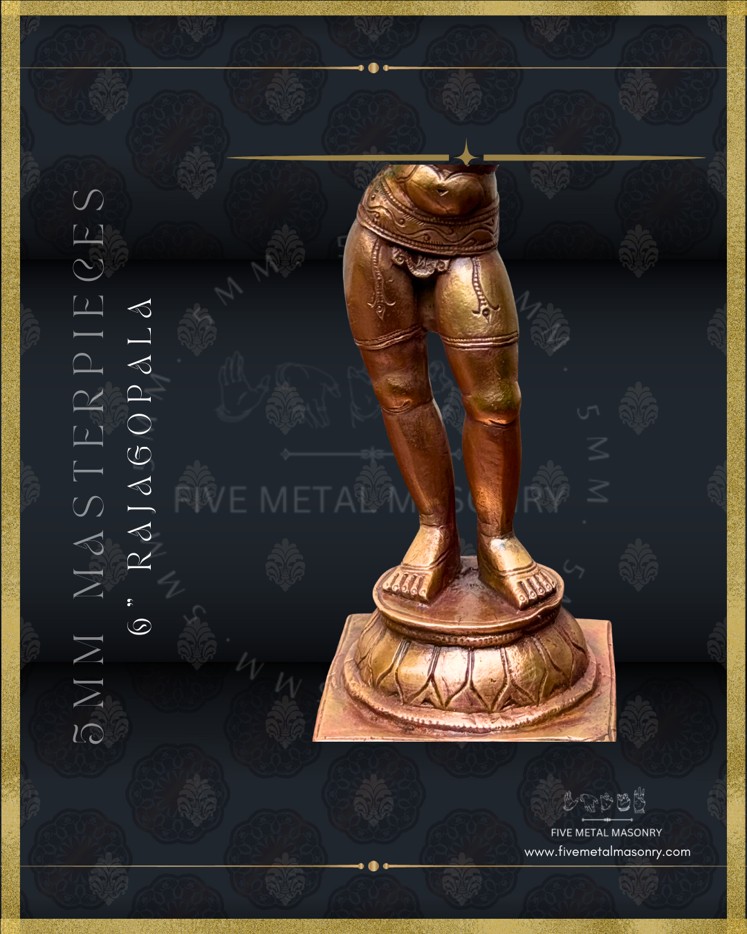 Rajagopala Panchaloha bronze statue – Masterpieces collection. Shilpa Sastra iconography, handcrafted lost wax casting – Closeup-lower part